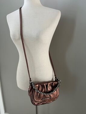 B. Makowsky Vanessa Metallic Bronze Leather Flap Crossbody Shoulder Bag Y2K